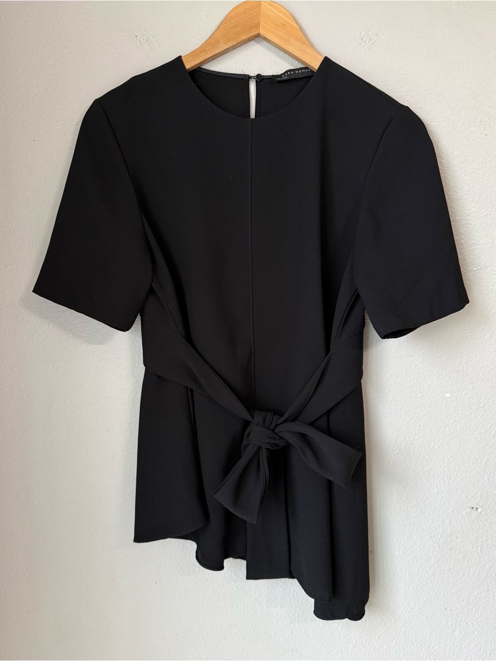 Zara Women's Asymmetrical Black Short Sleeve Top Tie Blouse Size Medium